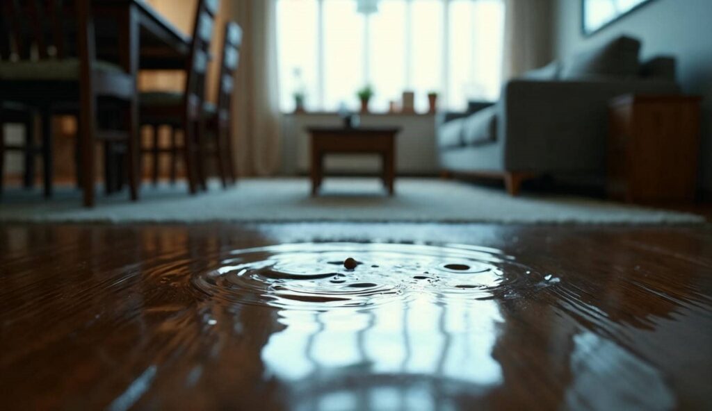 Water pooling and rippling on a wooden floor inside a living room.