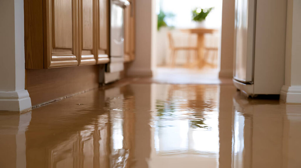 Flooded kitchen floor with standing water and reflections.