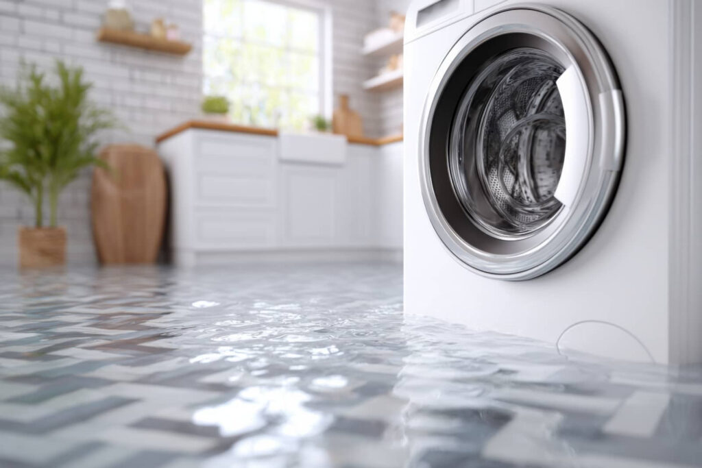 Front-loading washing machine in a flooded laundry room.