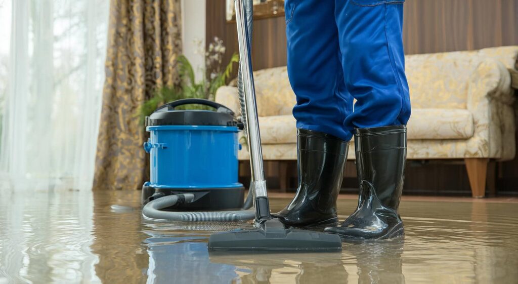 Person in rubber boots using a wet vacuum to clean water from a flooded living room floor.