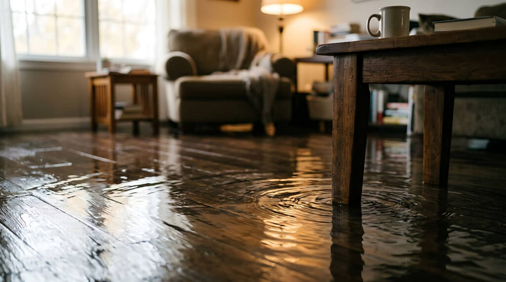 Living room flooded with water around furniture.