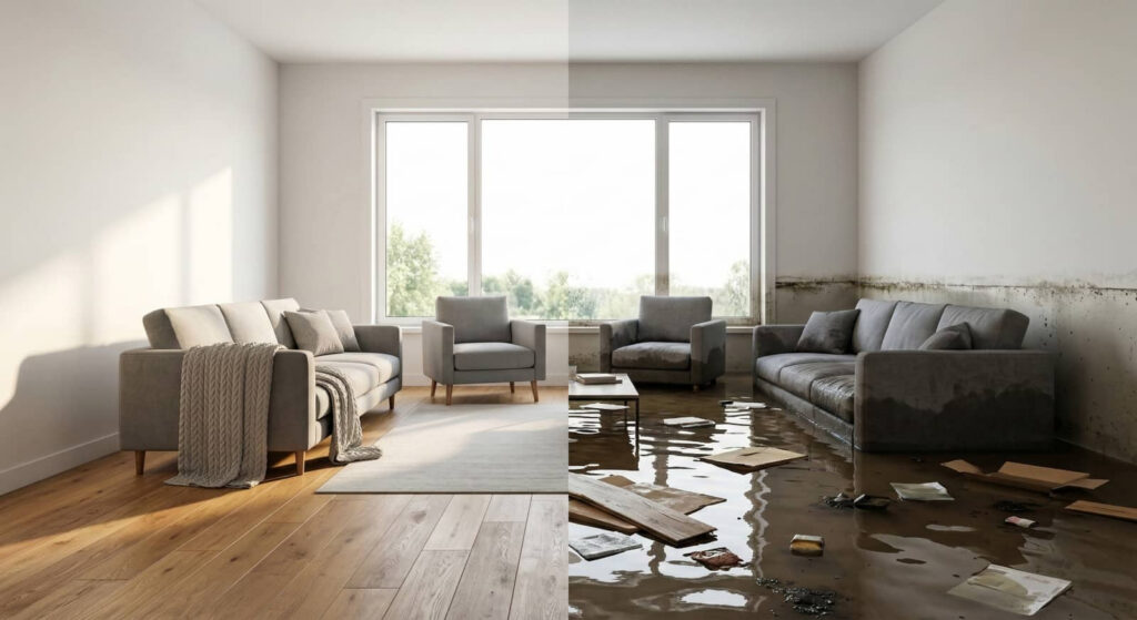 Flooded living room with sofas and chairs.