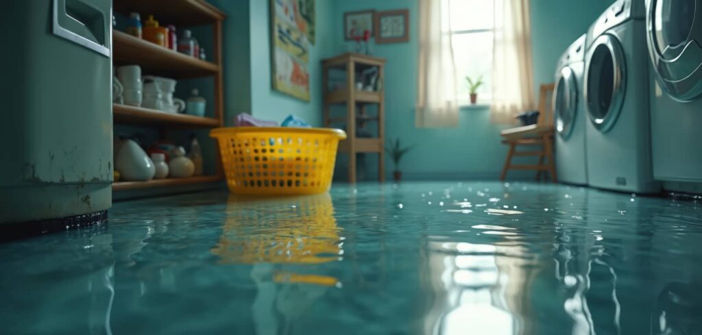 Flooded laundry room with washer, dryer, and yellow basket.