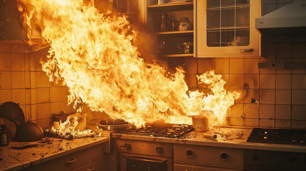 Large flames engulf a kitchen stove and countertop, causing a fire in the cooking area.