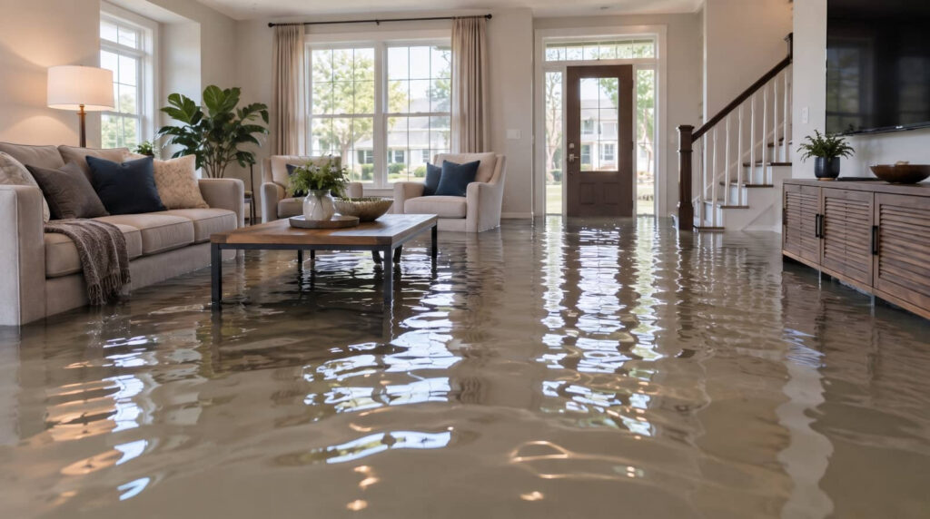 Flooded living room with water covering the floor.