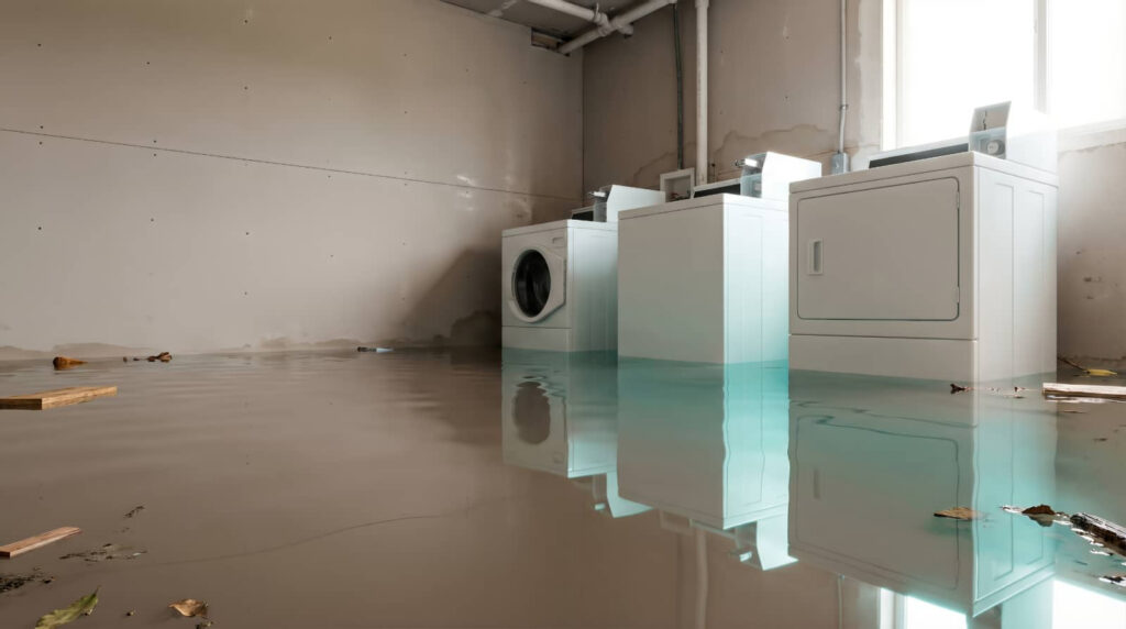 Laundry room flooded with water around washers and dryer.