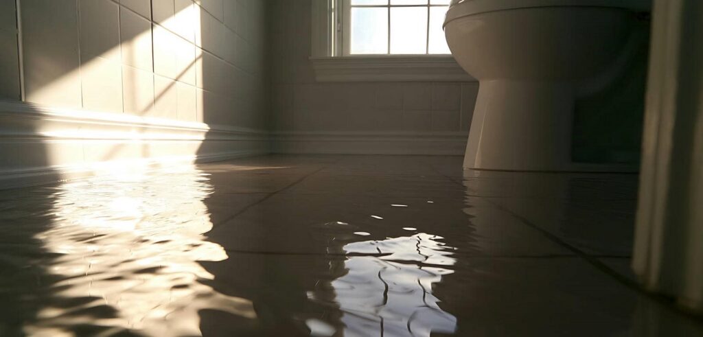 Water flooding a bathroom floor near a toilet and window.