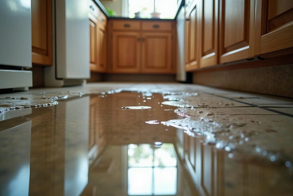 Water pooled on a kitchen floor with wooden cabinets and appliances in the background.