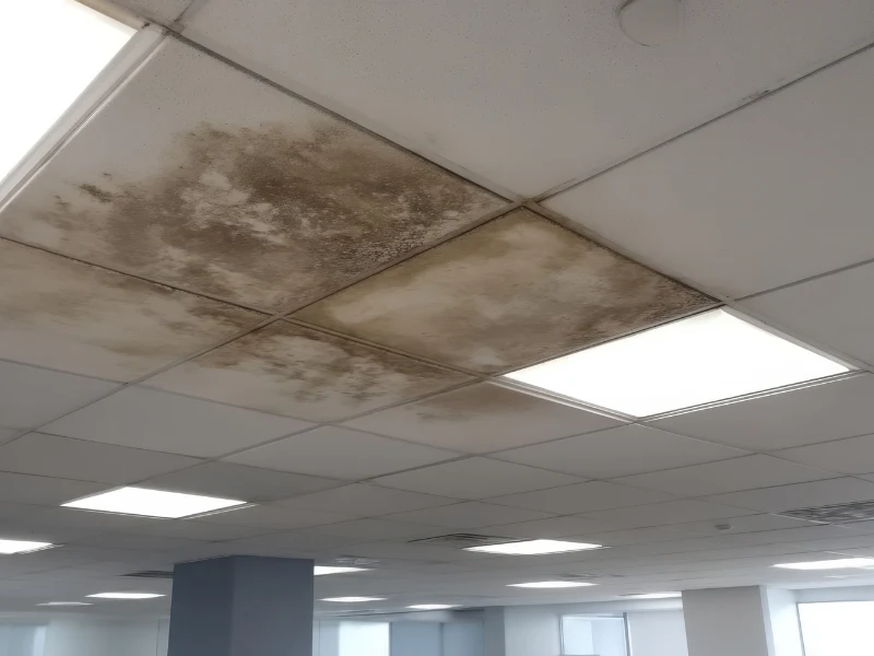 Ceiling tiles with large brown water stains and mold in an office space.