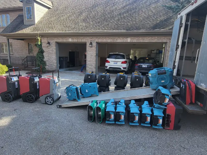 Multiple air movers and drying equipment arranged outside a house with an open garage and two cars inside.