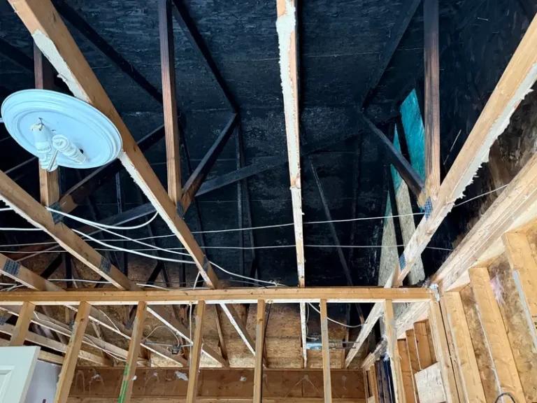 Exposed wooden ceiling beams and framing inside a building under construction or renovation.