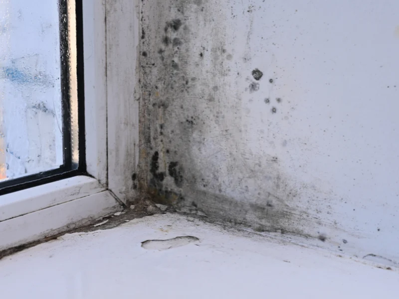 Black mold growth on a white window frame corner and wall.