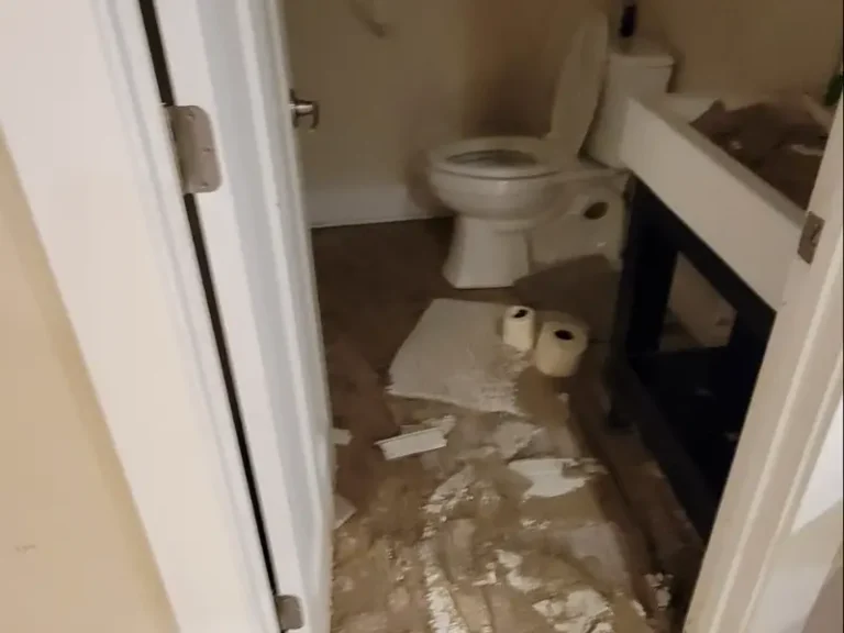 Bathroom floor covered in debris with two toilet paper rolls near a toilet and sink.